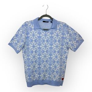 Murano Blue Jacquard Knit Polo Sweater Retro Snowflake Preppy Classic M